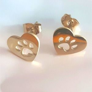 NEW 18k Gold Plated Paw Print Heart Stud Earrings Rose Gold Tone